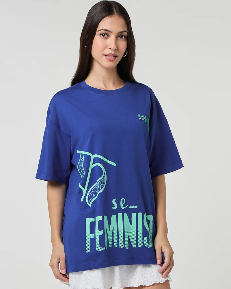 بيواكوف Women's Blue Feminist Graphic Printed Oversized T-shirt